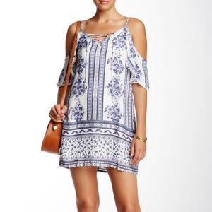 Trixxi Blue Flower Printed Off the Shoulder Lace Up Dress